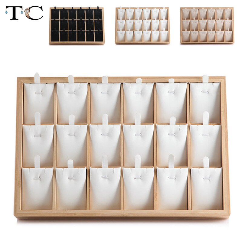 Natural Bamboo Wood Jewelry Display Tray 18 Grids P..